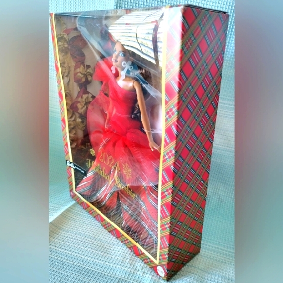 Barbie Signature 2024 Holiday Barbie Doll Red Plaid Dress Brown Hair - Picture 7 of 9